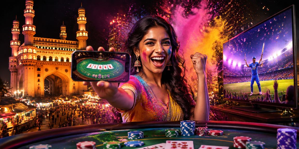 Hyderabad Charminar illuminated during Holi festival with baccarat and casino theme